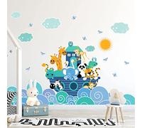 Stickers muraux enfants - Decoration chambre bébé - Stickers muraux enfant - Sticker mural scandinave - Autocollant mural animaux sur les vagues du bonheur - H120 x L180 cm