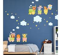 Stickers muraux enfants - Decoration chambre bébé - Stickers muraux enfant - Sticker mural scandinave - Autocollant mural animaux dans le train direction le bonheur - H120 x L180 cm
