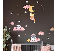 Stickers muraux enfants - Decoration chambre bébé - Stickers muraux enfant - Sticker mural scandinave - Autocollant mural renard, panda et koala dans les étoiles - H60 x L90 cm