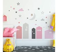Stickers muraux enfants - Decoration chambre bébé - Stickers muraux enfant - Sticker mural scandinave - Autocollant mural géant maisons sous la lune et les étoiles - H60 x L90 cm