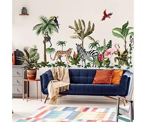 Stickers muraux enfants Géant - Decoration chambre bébé enfant - Adhésif garcon fille XXL - Autocollant mural JUNGLE animaux dans les tropiques - H135 x L120 cm