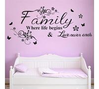 Stickers muraux Family Where Life Begins and Love Never Ends Proverbes Autocollant Inspirationnel Religieux Écriture Chrétienne Biblique Décalcomanie Famille Lettre Citation Art Mural Décor pour Salon