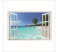 Stickers Muraux Fenêtre Sticker Mural Fenetre Trompe l'oeil Ouverte Poster Vue sur la plage de noix de coco 60 x 90 cm