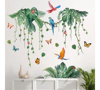 Stickers Muraux Feuilles Vertes,Autocollant Mural Plantes Verte avec Perroquets et Papillons,Stickers Muraux Feuilles Tropicales Vertes en PVC pour Chambre à Coucher, Décoration d'entrée, 79 × 90 cm