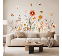 Stickers Muraux Fleur Boho Autocollant 90x30cm Mural Nature Plante Autocollant Mural Fleurs et Papillons Fleurs Sauvages Autocollants Muraux Décoration Murale pour Chambre Salon Couloir