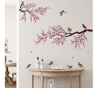 Stickers Muraux Fleur Rose Branche D'arbre, Autocollants Muraux Oiseaux Fleur de Cerisier, Décoration Murale pour Chambre Salon Salle de Bain
