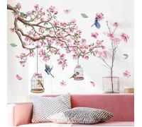 Stickers Muraux Fleurs de pêche Rose Autocollant Mural Floral Branche Arbre Oiseaux Décoration Murale Chambre Enfants Salon Mur TV