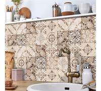 Stickers Muraux Géométrie Baroque Marron pour Cuisine et Salle de Bains - Crédence Adhésive Étanche - Autocollant Carrelage PVC 10x10cm x 24 Pièces