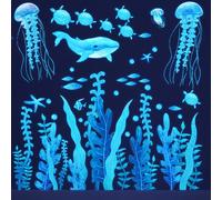Stickers muraux luminescents sous-marins, stickers muraux qui brillent dans le noir avec des tortues de mer colorées, des algues, des hippocampes, des méduses. Décoration murale thème océanique pour c