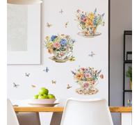 Stickers muraux Motif tasse de thé floral aquarelle fleurs et papillons 90 cm x 30 cm