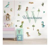 Stickers muraux personnalisés Stickers aquarelle animaux avec nom Sticker muraux pour chambre d'enfant chambre de bébé salle de jeux fille Y037 (Avec votre nom, No 9 Dinos)