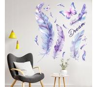 Stickers Muraux Plume, Autocollant Mural Papillon Violet, Stickers Muraux pour Salons Chambres Bureaux Canapé Fond Décoration