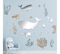 Stickers Muraux Tortue, Stickers Muraux Poisson Miroir, Autocollant Mural Baleine Algues Corail Décoration, Murale Chambre Enfants Bébé Pépinière Salle de Bain