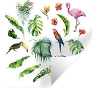 Stickers muraux - toucan et perroquet écarlate.fleur de Strelitzia reginae. Peint à la main. Bannière avec motif d'été tropical. Feuilles de palmier. - 50x50 cm - Repositionnable