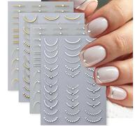 Stickers Ongles 5D French Manucure, Autocollants pour Ongles Nail Art Dorés et Argentés, Déco Ongle Strass Chic, Accessoires Manucure pour Femmes et Filles, Décoration Salon d’Ongle - 4 Feuilles