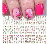 Stickers Ongles De Fleurs D'été Lily Carnation Tulip Floral Patterns for Fingernail Art Sticker Transfert d'eau Rose Vert Jaune Conseils de manucure Décoration pour Filles Femmes 24 Feuilles