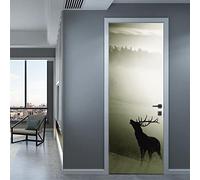 stickers paroi de douche 80x200cm(31.49 inches * 78.74 inches)Wapitis animaux Papier Peint Porte 3D photo mural Art wallpaper colle Stickers de Porte Trompe l'oeil 3D Pour Salon Chambre Salle De Bain