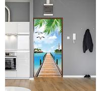 Stickers Porte 3D 77X200Cm Papier Peint Vue Sur Le Pont En Bois Du Lac Poster De Porte Trompe L'Oeil Pour Maison Décoration Salon Chambre Autocollant Muraux Imperméable Stickers Amovibles
