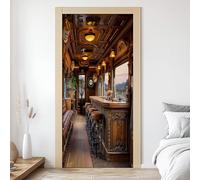 Stickers Porte 3D Bar Vintage, Rétro Western Autocollant Porte Poster Armoire à Vin en Bois Trompe L'oeil Mural Sticker Muraux PVC Auto-Adhésif Intérieure Décoratif 93x205 cm R3d58