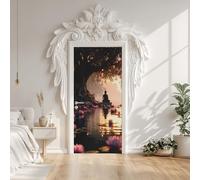 Stickers Porte 3D Bouddha Lotus Rose Arbres Soleil Paysage, Sticker Mural Porte Zen Exotique, Autocollant Décoration Auto-adhésif Amovible PVC, Papier Peint Porte pour Salon Chambre 63 x 205 cm