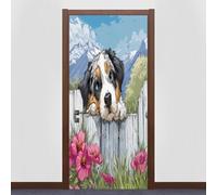 Stickers Porte 3D Chien Floral Campagne - Autocollant Décoratif Bouvier Bernois PVC Amovible Imperméable, Papier Peint Mural pour Porte Intérieure Salon Chambre Cuisine Salle de Bain, 80 x 200 cm