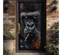 Stickers Porte 3D Horreur Gorille Autocollant de Porte Cool Animal Rénovation de Porte Intérieure, Décoration Murale Foncé Cigare Chambre et Salon, PVC Imperméable 77x200cm