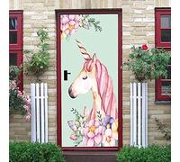 Stickers Porte 3D Licorne Dessin Animé Animal Sticker Porte Effet Trompe Loeil 80 X 200 Cm Pvc Papier Peint Auto-Adhésif Enfant Garcon Fille Chambre Salon Cuisine Salle De Bain Décoratio