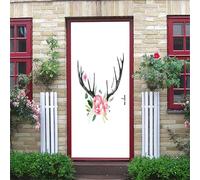 Stickers Porte 3D Poster 77X200Cm Bois De Cerf Et Fleurs Trompe L'Oeil Autocollants De Porte Papier Peint Chambre Salon Salle De Bain Décoration Imperméable Auto-Adhésif Pvc Muraux
