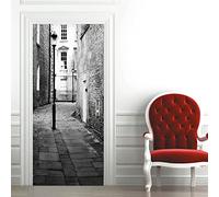 Stickers Porte 3D Trompe L'Oeil Autocollant De Porte Interieure Rue De La Ville En Noir Et Blanc Mural Papier Peint Poster Amovible Muraux Stickers Chambre Salon Cuisine Décoration 77X200Cm