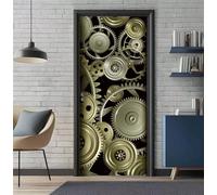 Stickers Porte 3D Trompe l'oeil Effect Métal Engrenage Autocollants de Décoration pour Porte Interieure, Auto Adhésif PVC Autocollant Papier Peint Sticker Mural Pour Salle de Bain 90X200cm -DS3077