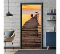 Stickers Porte 3D Trompe l'oeil Effect Pont en Bois Vue Sur La Mer Autocollants de Décoration pour Porte Interieure, PVC Autocollant Papier Peint Pour Cuisine Chambre Salle de Bain 90X200cm -DS2129