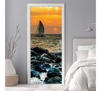 Stickers Porte 3D Trompe l'oeil Effect Voilier Vague Autocollants de Décoration pour Porte Interieure, Auto Adhésif PVC Autocollant Papier Peint Sticker Mural Pour Salle de Bain 86x200cm -DS3004