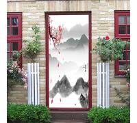 Stickers Porte 3D Trompe L'Oeil Mural - Conception Artistique De Prune Rouge Et De Montagne Noire Autocollant De Porte Papier Peint 77X200Cm Maison Salon Chambre Décoration Salle De Bain Cuisine Po