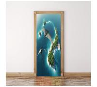 Stickers Porte 3D Trompe L'Oeil Mural - Illustration D'Un Ptérosaure Volant Sur Une Île Bleu-Vert Autocollant De Porte Papier Peint 90X200Cm Maison Salon Chambre Décoration Salle De Bain Cuisine Po