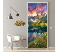 Stickers Porte 3D Trompe l'oeil Mural Lac De Montagne Paysage Autocollants de Décoration pour Porte Sticker Mural Interieure Papier Peint Imperméable pour Salon Chambre 90X200cm -MT2341