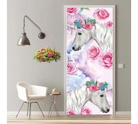 Stickers Porte 3D Trompe l'oeil Mural Roses Chevaux Autocollants de Décoration pour Porte Sticker Mural Interieure Papier Peint Imperméable pour Salon Cuisine Chambre 90X200cm -MT2371