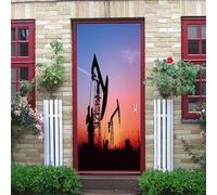 Stickers Porte 3D Trompe L'Oeil Mural - Unité De Pompage De Pétrole Au Coucher Du Soleil Autocollant De Porte Papier Peint 77X200Cm Maison Salon Chambre Décoration Salle De Bain Cuisine Poster De P