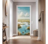 Stickers Porte 95x210cm Paysage Zones Humides Sticker Porte Trompe L'oeil Effet 3D Heron Oiseaux Papier Peint Mural Interieure Auto-adhésif Amovibles Imperméable Autocollant
