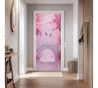 Stickers Porte 95x210cm Pont En Arc Fleurs De Cerisier Sticker Porte Trompe L'oeil Effet 3D Couple Oiseaux Papier Peint Mural Interieure Auto-adhésif Amovibles Imperméable Autocollant