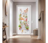 Stickers Porte 95x210cm Scène De Rue De La Ville Sticker Porte Trompe L'oeil Effet 3D Fleurs À L'aquarelle Papier Peint Mural Interieure Auto-adhésif Amovibles Imperméable Autocollant