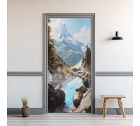Stickers Porte 95x210cm Spa Montagne Enneigée Sticker Porte Trompe L'oeil Effet 3D Paysage Naturel Papier Peint Mural Interieure Auto-adhésif Amovibles Imperméable Autocollant