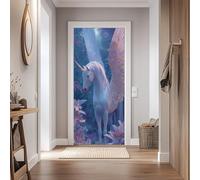 Stickers Porte 95x215cm Licorne dans la Forêt Magique Sticker Porte Trompe L'oeil Effet 3D Licorne Ailée Papier Peint Mural Interieure Auto-adhésif Amovibles Imperméable Autocollant