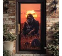 Stickers Porte Chambre Safari Gorille Effet 3D, Papier Peint Porte Coucher de Soleil Nature Auto-Adhésif Sans Bulle, Décoration Murale Sauvage Animal Amovible sans Résidus, 95x210cm