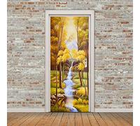 stickers porte de douche Paysage d'automne Ruisseau de montagne Sticker De Porte Trompe l'oeil Effet 3D Intérieure Papier Peint Peintures Imperméable Amovible Autocollants L83 x H204cm