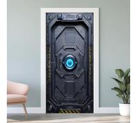 Stickers Porte en Métal Vaisseau Spatial 3D, Porte Science-Fiction Gris Autocollant Porte Poster Trompe L'oeil Mural Sticker Muraux PVC Auto-Adhésif Intérieure Décoratif 93x205 cm W4v188