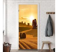 Stickers Porte Ferme de Campagne Poster Porte Trompe L'oeil, Effect 3D Paysage Au Coucher du Soleil Autocollant, Auto-Adhésif Papier Peint Mural Chambre Salon Mur Art Sticker Muraux 77x200 cm m10358
