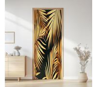 Stickers Porte Feuilles de Palmier Sticker Porte Trompe L'oeil Feuilles Dorées 3D Poster Mural Papier Peint Auto Adhésif Autocollants de Décoration 100x200 cm A-3841