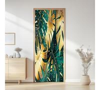 Stickers Porte Feuilles Tropicales Sticker Porte Trompe L'oeil Feuilles Dorées 3D Poster Mural Papier Peint Auto Adhésif Autocollants de Décoration 100x200 cm A-3961