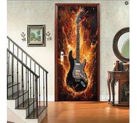 Stickers Porte Flamme Sticker Porte Trompe l'oeil Guitare Papier Peint Auto Adhésif, PVC Imperméable Poster Autocollants pour Salon Cuisine Chambre Salle de Bain 77 x 200 cm G303