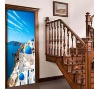 Stickers Porte Grèce Poster Porte Trompe L'oeil, Effect 3D Villa Sur La Mer Autocollant, Auto-Adhésif Papier Peint Mural Chambre Salon Mur Décoration Art Sticker Muraux 85x200 cm m.2660